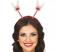 Tiara de rena dourada e vermelha