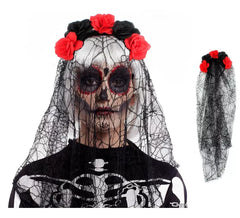 Tiara Catrina rosas pretas e vermelhas com véu