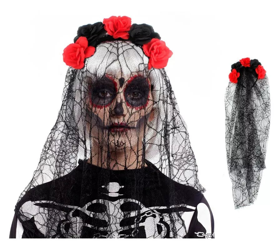 Translation missing: pt-PT.Diadema de Rosas Catrina negro y rojo con velo