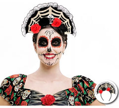 Tiara de teia de aranha com rosas e renda