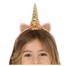 Diadema de unicórnio dourado com chifre e orelhas