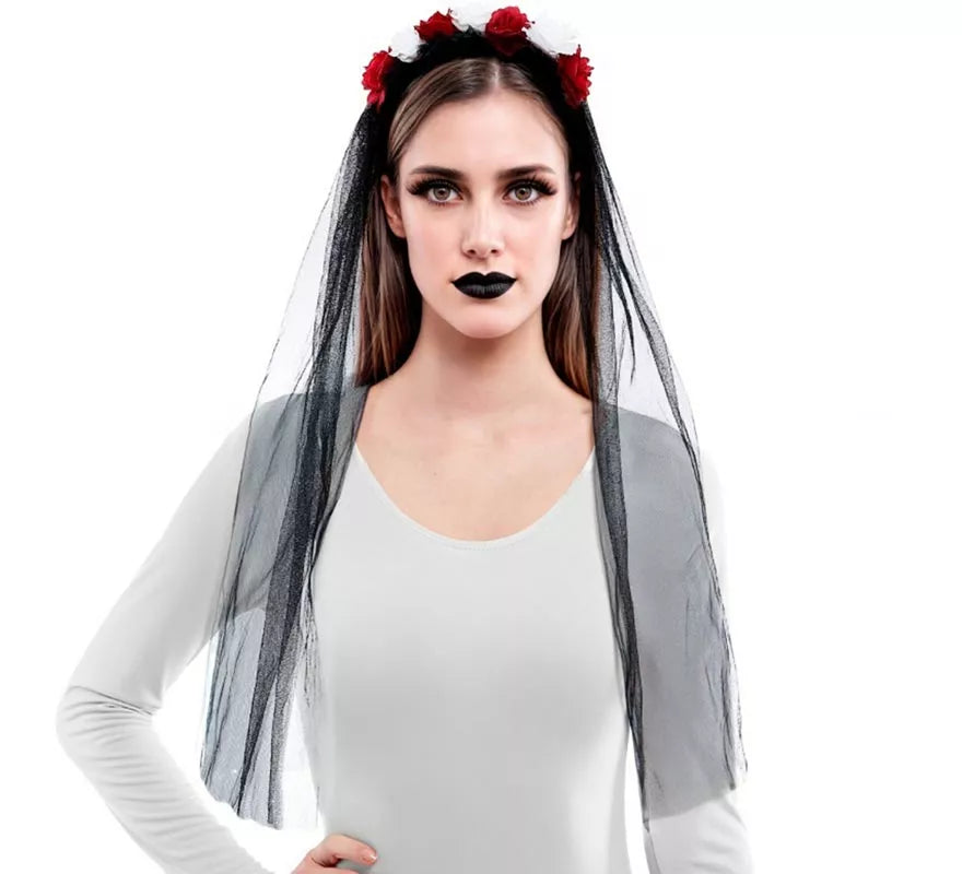 Diadema Flores con Velo negro