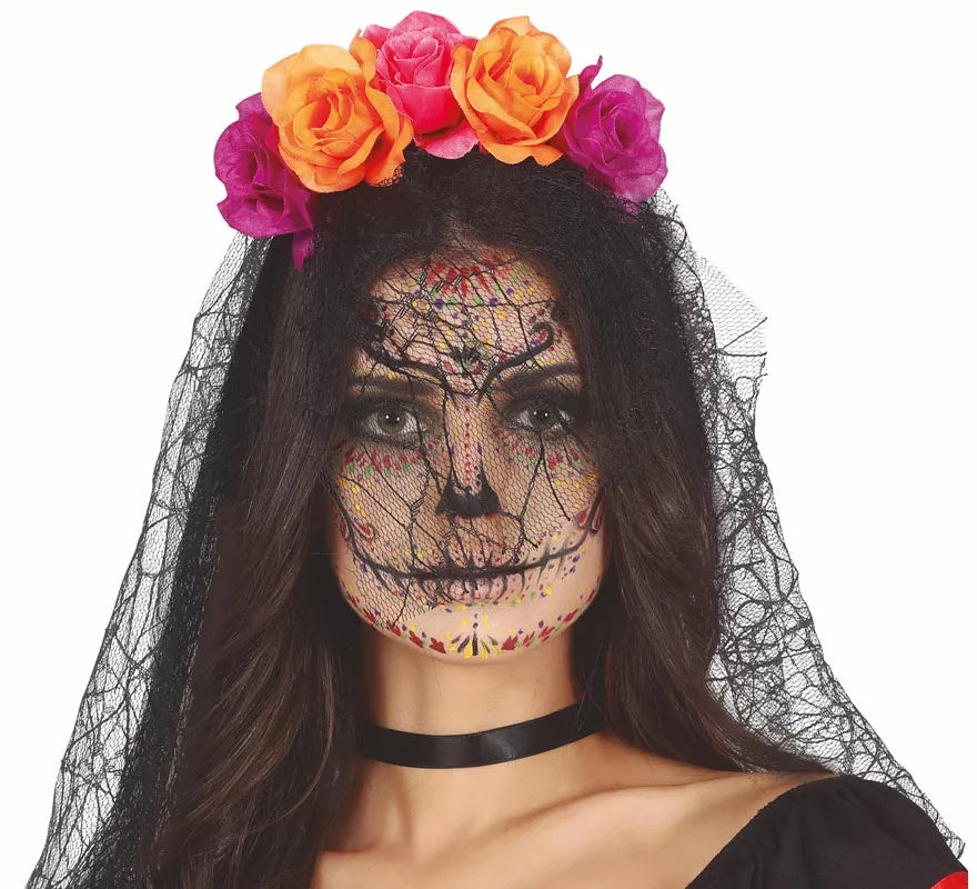 Translation missing: pt-PT.Diadema Flores Lila y Naranja con Velo