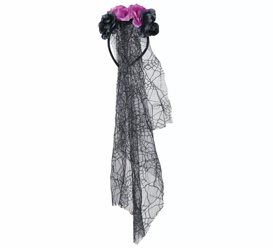Translation missing: pt-PT.Diadema Flores Lila y Negras con Velo