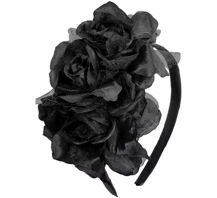 Diadema Gótica con 3 Rosas negras con Brillo