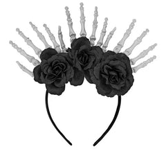 Tiara com mãos de esqueleto e rosas negras