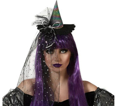 Tiara de mini chapéu de bruxa metálica multicolorida