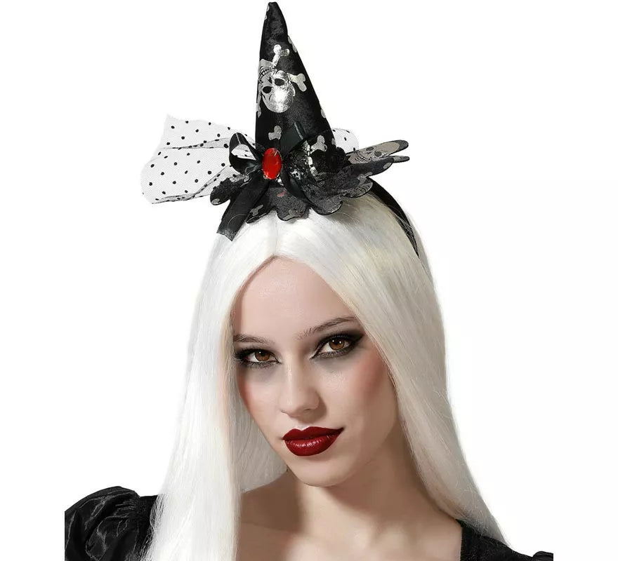 Translation missing: pt-PT.Diadema Mini Sombrero de Bruja Negro con Calavera