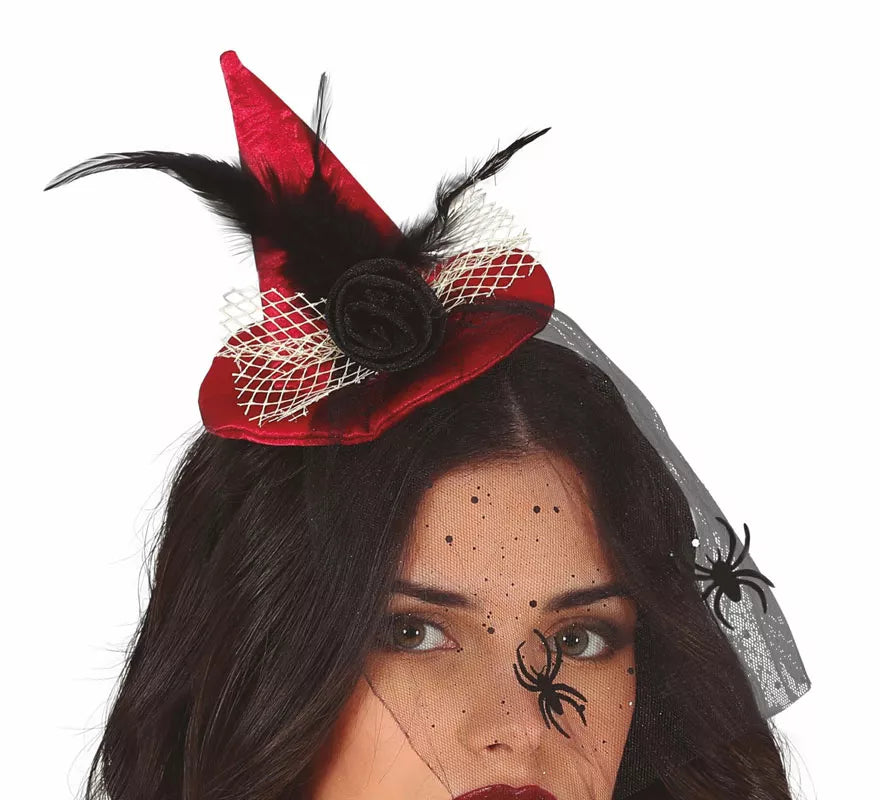 Diadema Mini sombrero de Bruja Rojo con Velo
