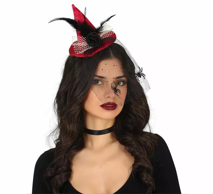 Translation missing: pt-PT.Diadema Mini sombrero de Bruja Rojo con Velo