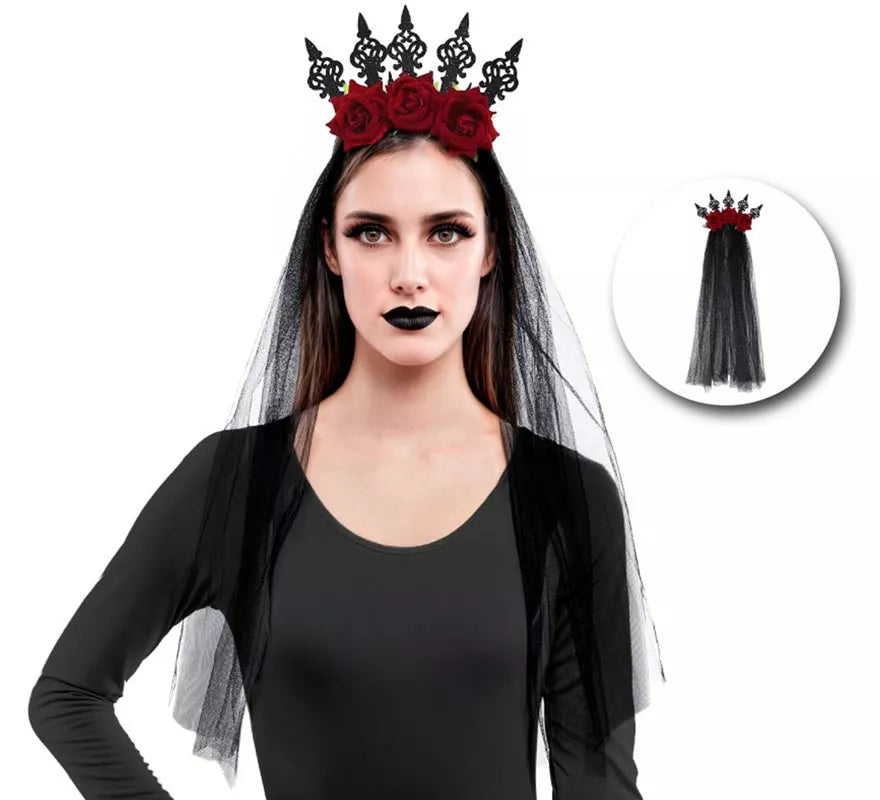 Diadema Rosas con Velo negro