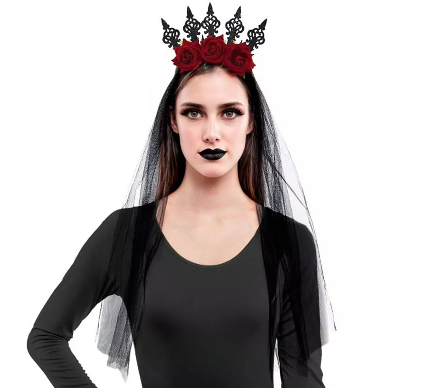 Diadema Rosas con Velo negro