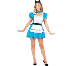 Fato clássico de Alice azul e branco para mulher