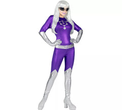 Fato feminino de alienígena roxo e prateado