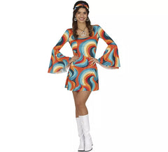 Fato multicolor cheio de curvas dos anos 70 para mulher