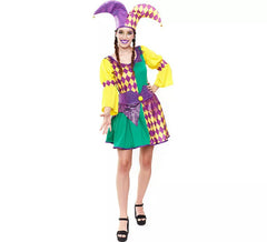 Fato de arlequim xadrez roxo e verde feminino