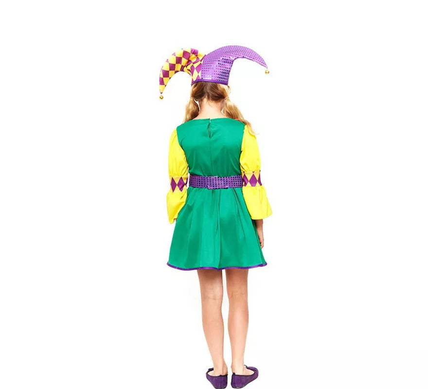 Translation missing: pt-PT.Disfraz de Arlequín púrpura y verde a cuadros para niña