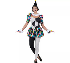 Fato de arlequina preta e multicolor para mulher