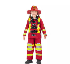 Fato de bombeiro vermelho e amarelo com capacete para criança