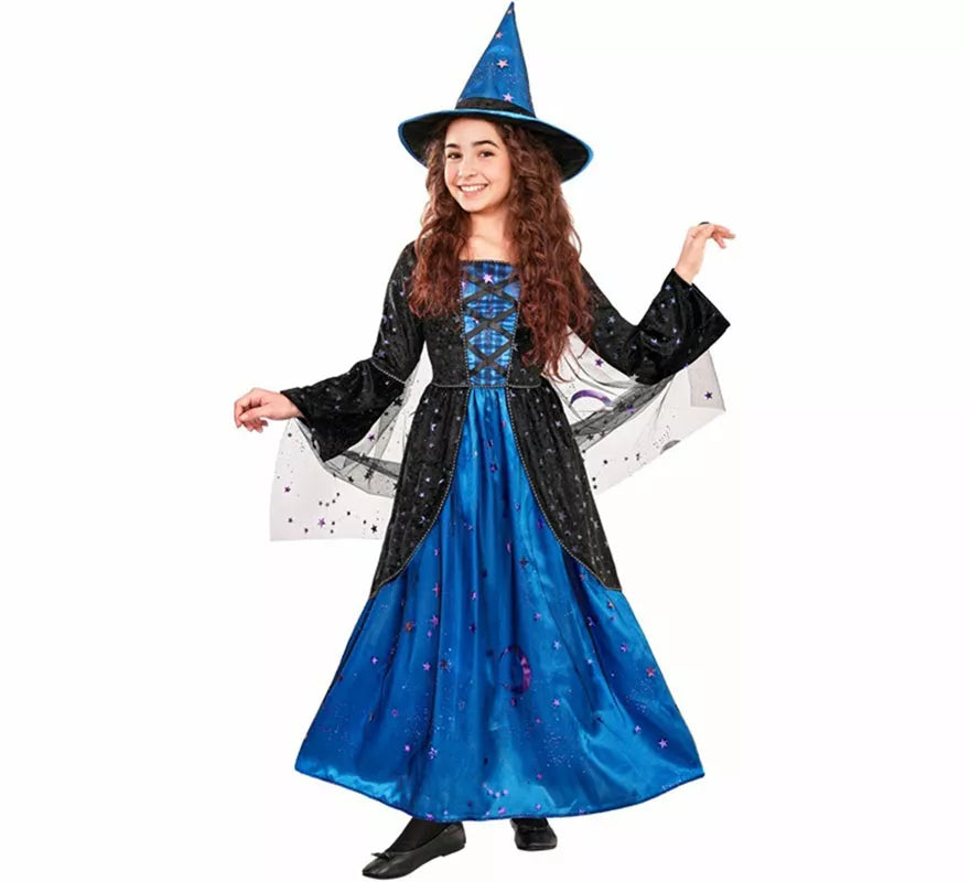 Disfraz de Bruja azul con Estrellas para niña