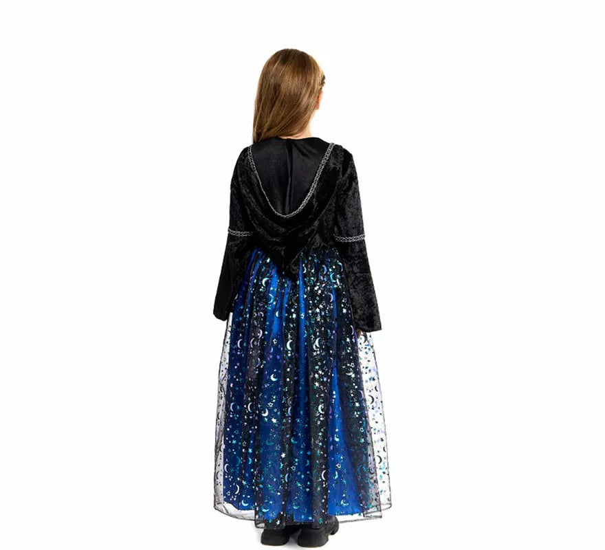 Disfraz de Bruja con Estrellas azul para niña
