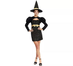 Fato elegante de bruxa preta e dourada com laço para mulher