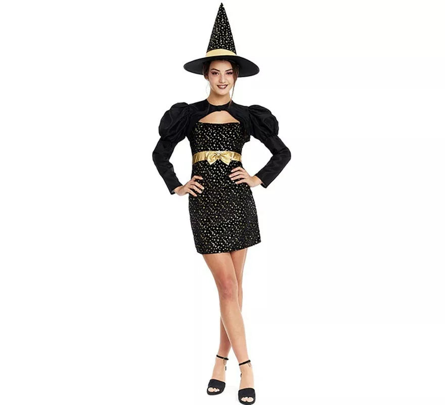Translation missing: pt-PT.Disfraz de Bruja Elegante negro y dorado con lazo para mujer