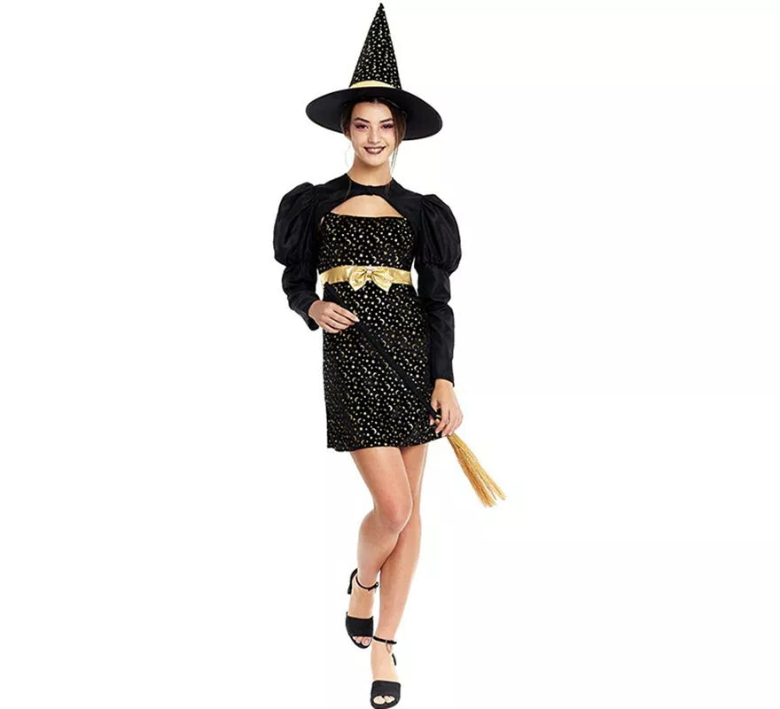 Translation missing: pt-PT.Disfraz de Bruja Elegante negro y dorado con lazo para mujer