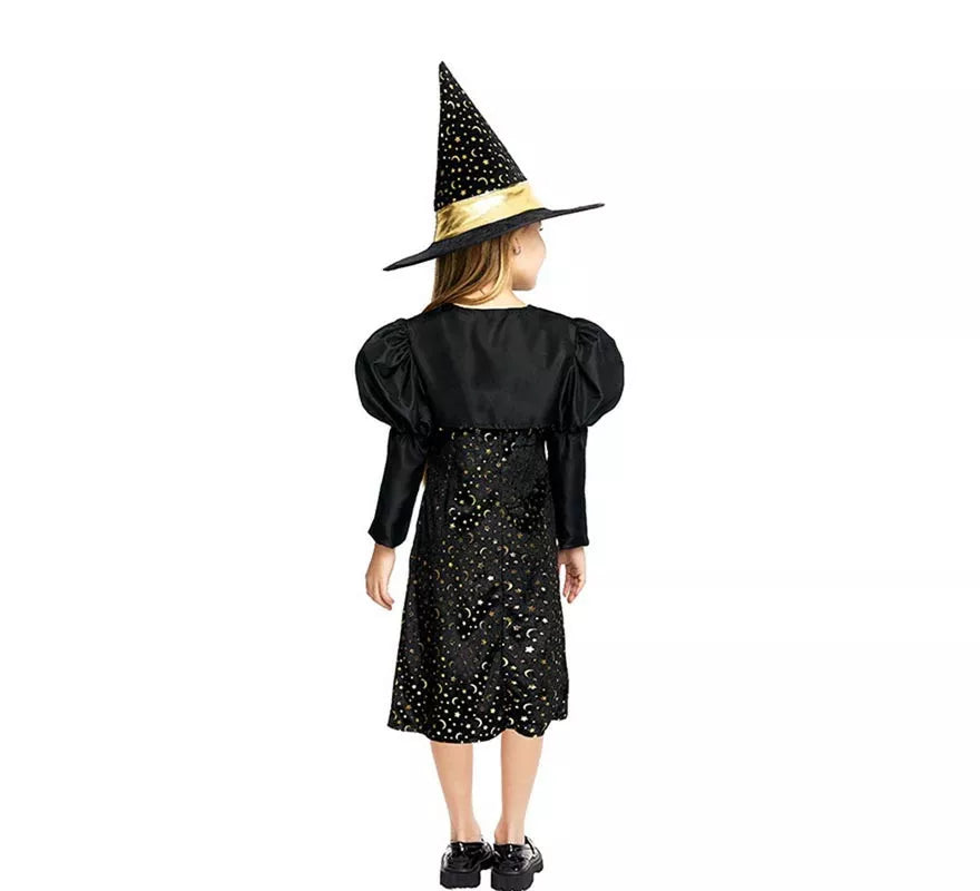 Translation missing: pt-PT.Disfraz de Bruja Elegante negro y dorado con lazo para niña