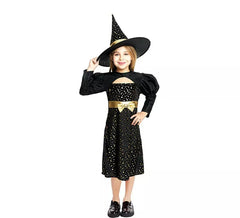 Fato elegante de bruxa preta e dourada com laço para menina
