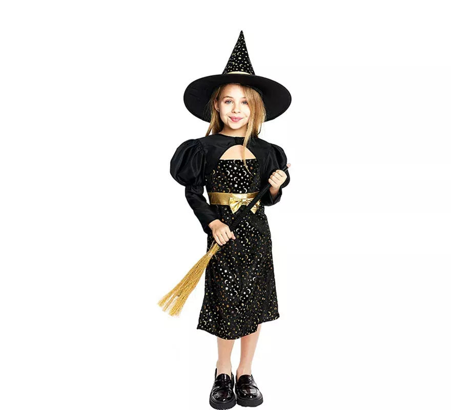 Translation missing: pt-PT.Disfraz de Bruja Elegante negro y dorado con lazo para niña
