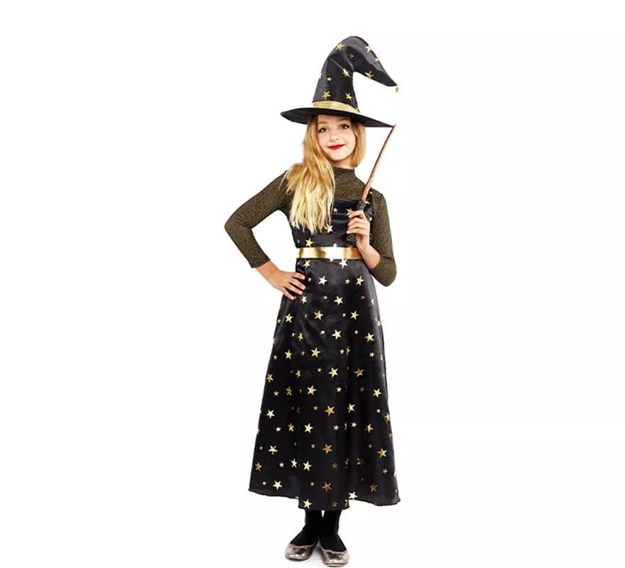Translation missing: pt-PT.Disfraz de Bruja Estrellas dorada con sombrero para niña