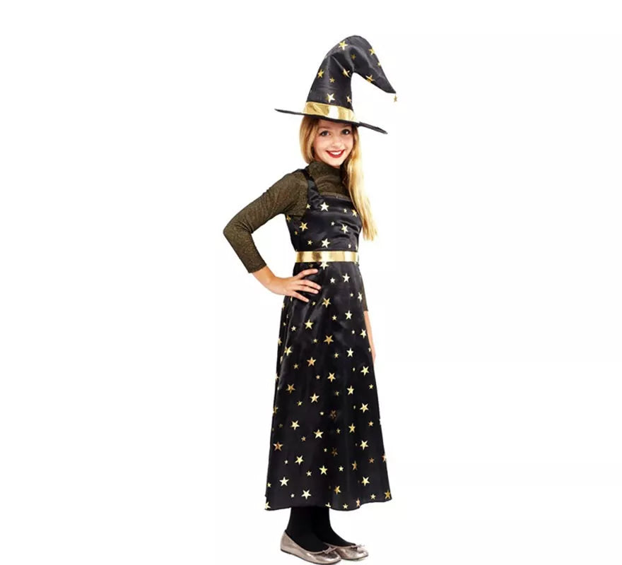 Translation missing: pt-PT.Disfraz de Bruja Estrellas dorada con sombrero para niña