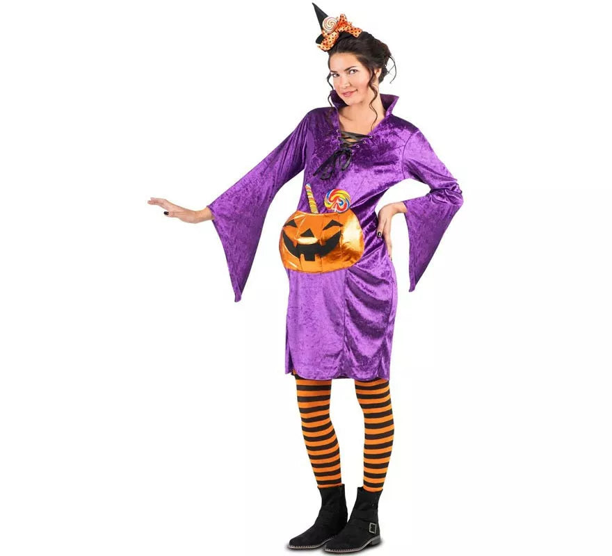 Translation missing: pt-PT.Disfraz de Bruja morada con Calabaza para mujer embarazada