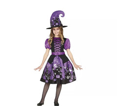 Fato de bruxa roxa com vestido estampado para menina