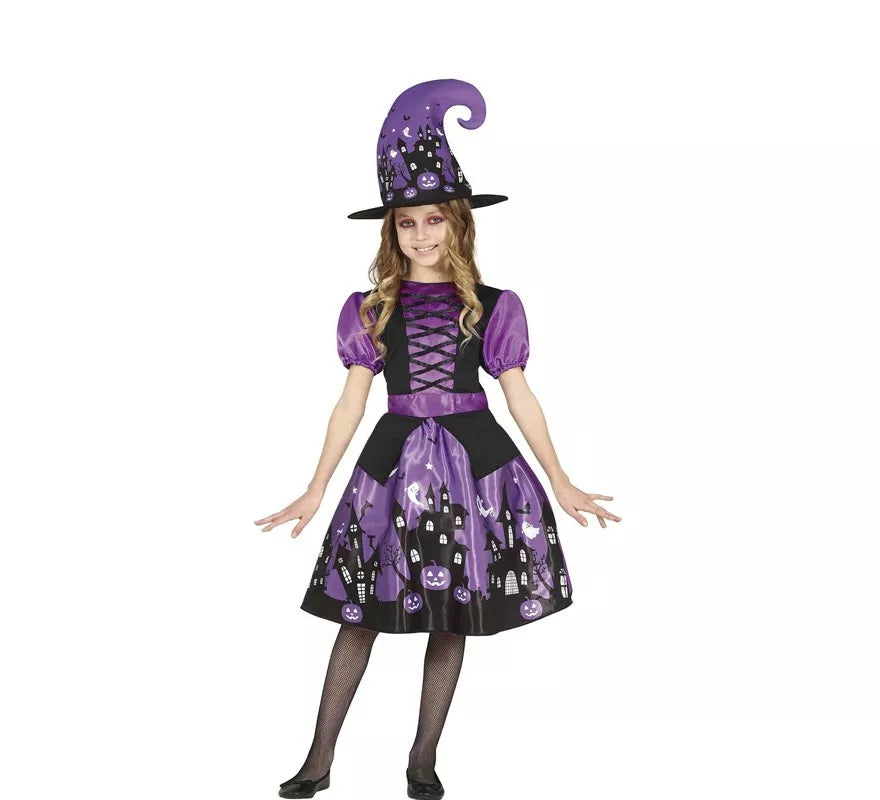 Translation missing: pt-PT.Disfraz de Bruja Morada con vestido estampado para niña