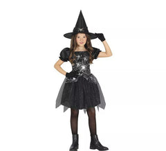 Fato de bruxa teia de aranha preta e prateada para menina