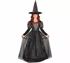 Fato de Bruxa com Teias de Aranha Multicoloridas para menina