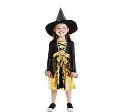 Fato de bruxa dourada e preta com chapéu para bebé e menina