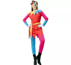 Fato de bobo multicolorido com máscara para mulher