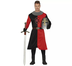 Fato de cavaleiro medieval vermelho e preto para homem