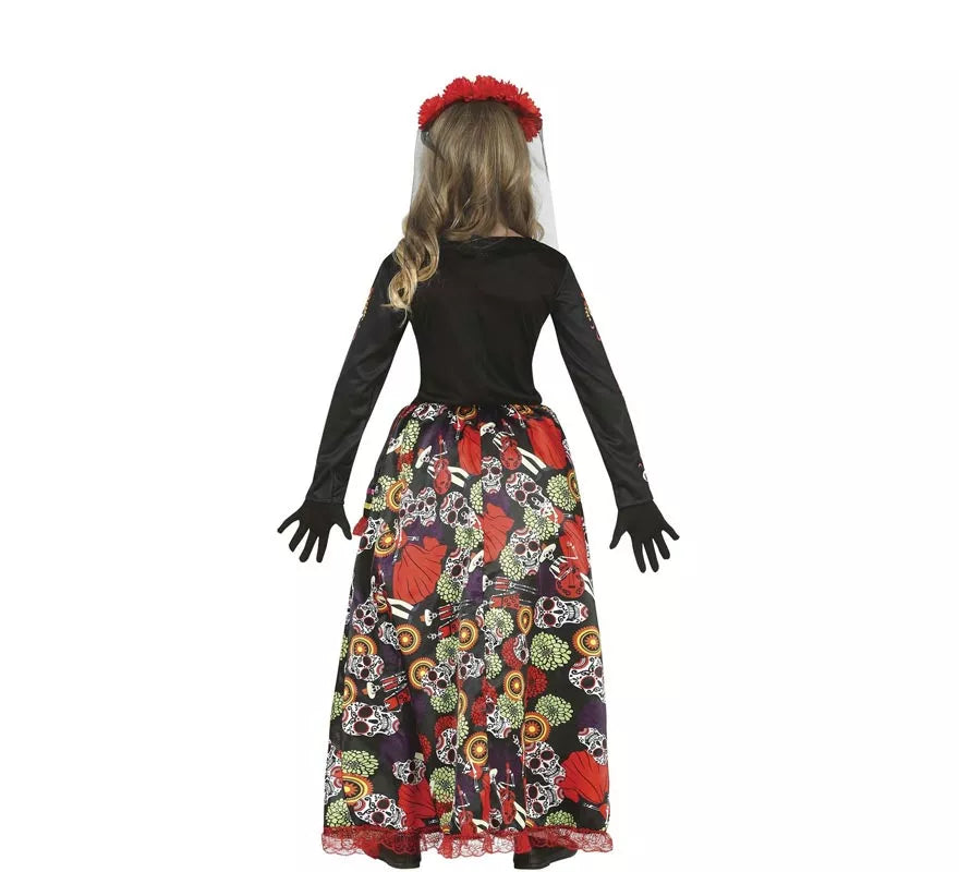 Translation missing: pt-PT.Disfraz de Catrina con falda larga estampada para niña