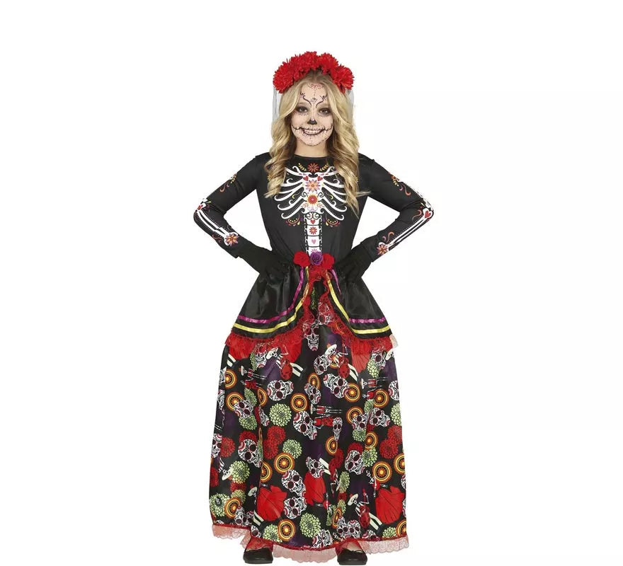 Translation missing: pt-PT.Disfraz de Catrina con falda larga estampada para niña