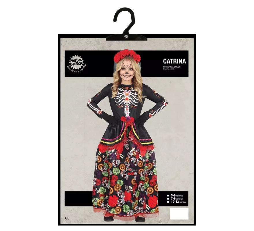 Translation missing: pt-PT.Disfraz de Catrina con falda larga estampada para niña