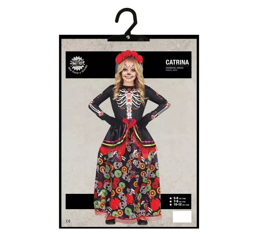 Translation missing: pt-PT.Disfraz de Catrina con falda larga estampada para niña