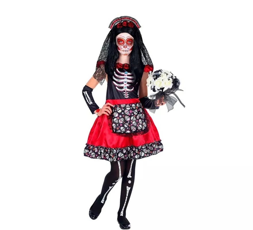 Disfraz de Catrina Día de Los Muertos con Velo para niña