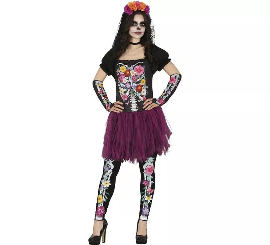 Translation missing: pt-PT.Disfraz de Catrina Floreada púrpura para mujer
