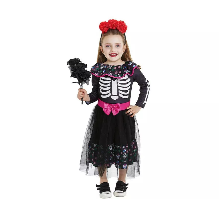 Translation missing: pt-PT.Disfraz de Catrina rosa con cinturón para bebé y niña