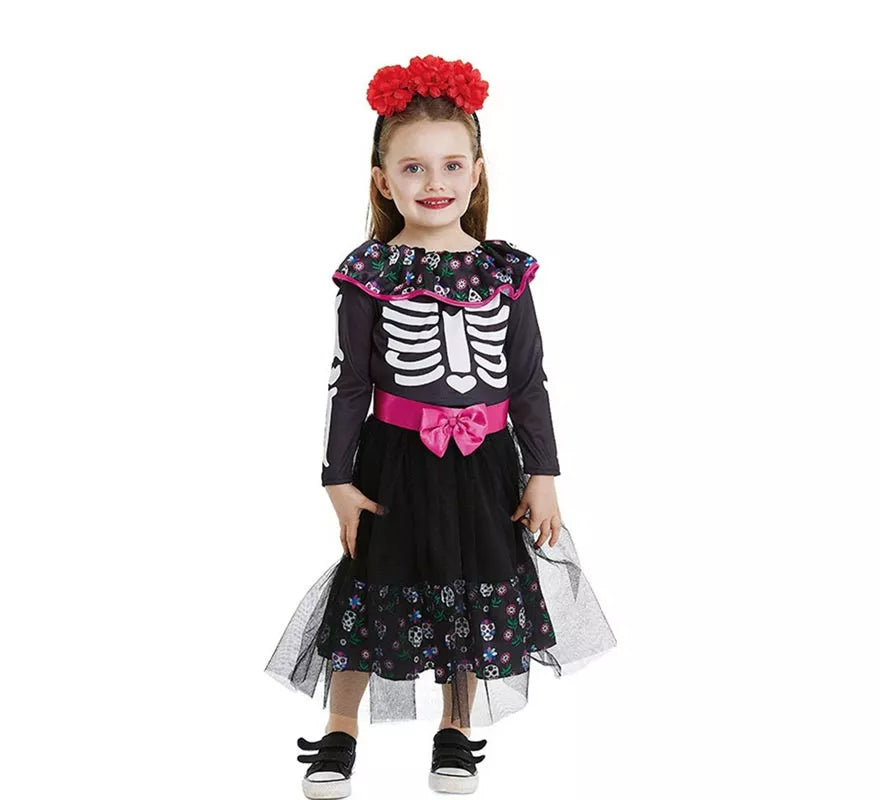 Translation missing: pt-PT.Disfraz de Catrina rosa con cinturón para bebé y niña