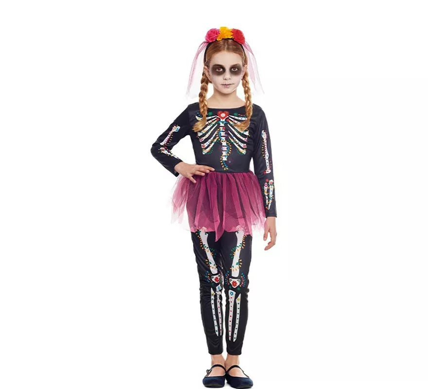 Translation missing: pt-PT.Disfraz de Catrina rosa con diadema y velo para niña
